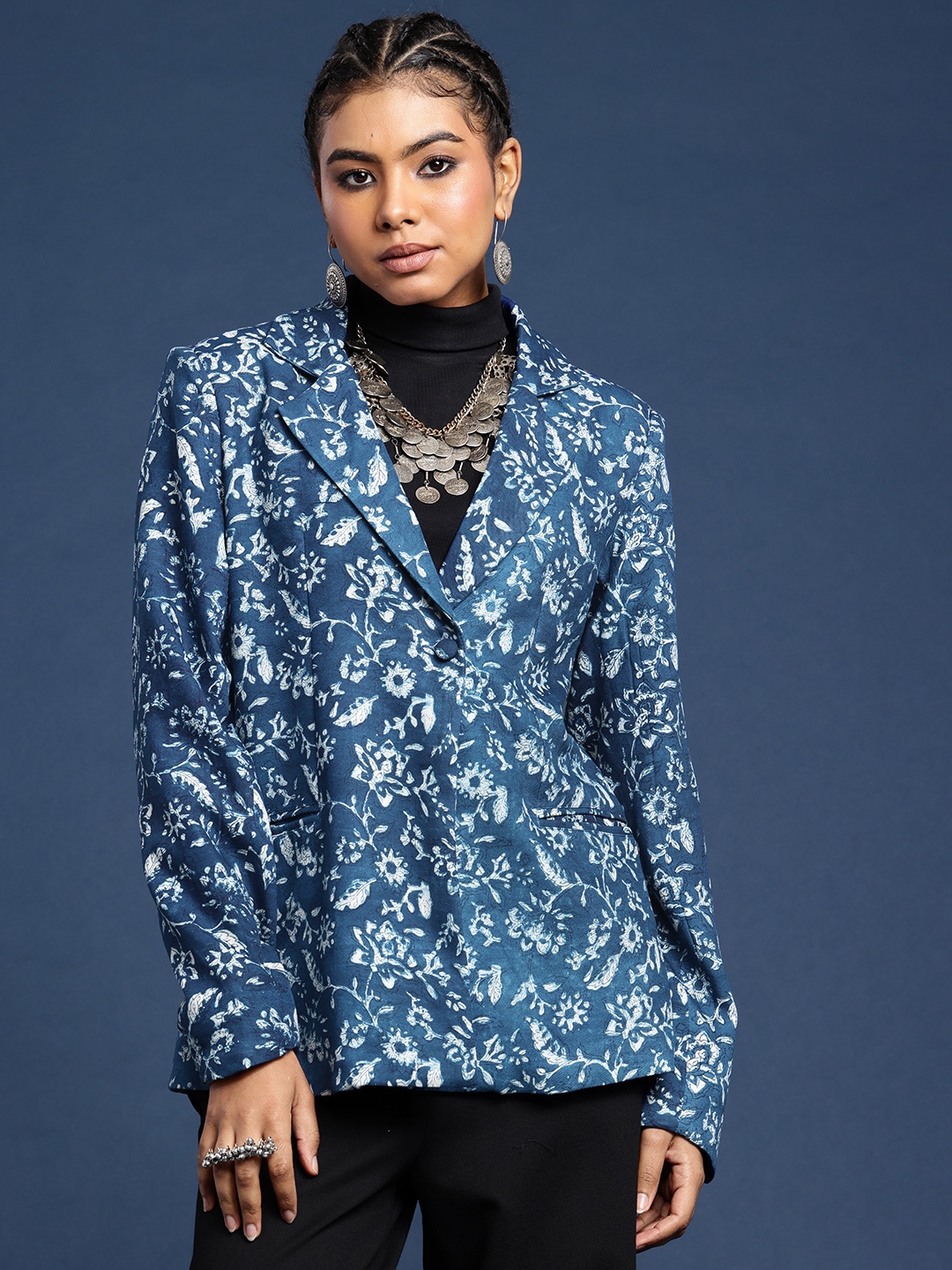 

Taavi Floral Print Single-Breasted Indigo Blazer, Blue