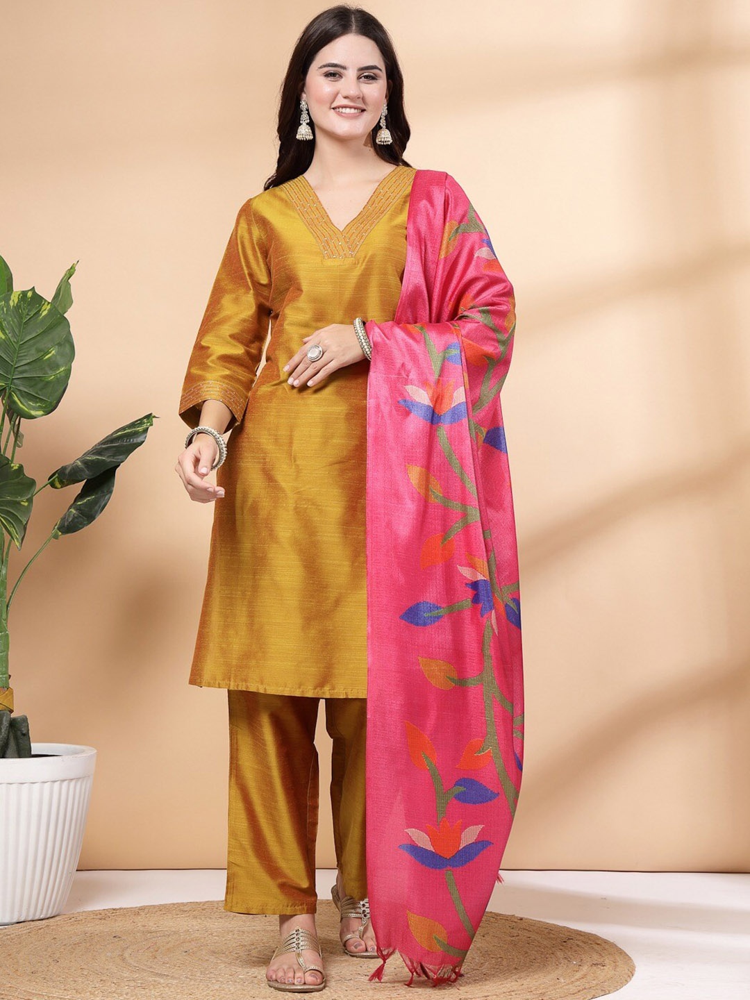 

Nayam By Lakshita Women Regular Sequinned Kurta with Palazzos & With Dupatta, Mustard