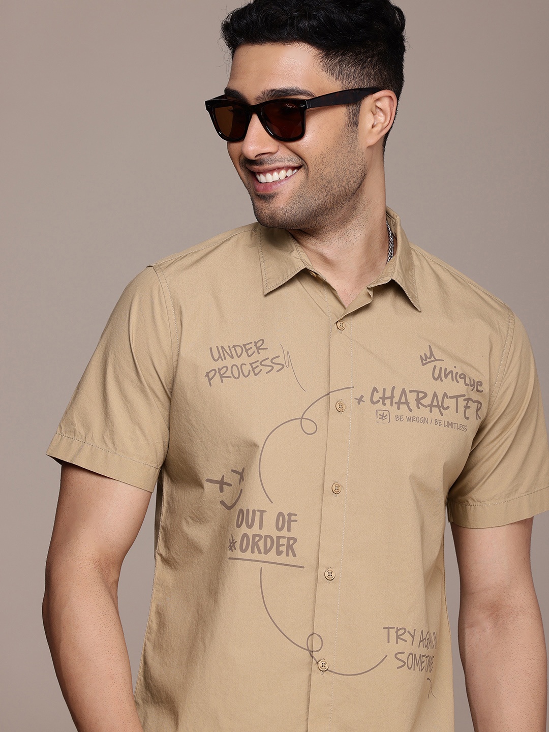 

WROGN Typography Printed Opaque Pure Cotton Casual Shirt, Khaki
