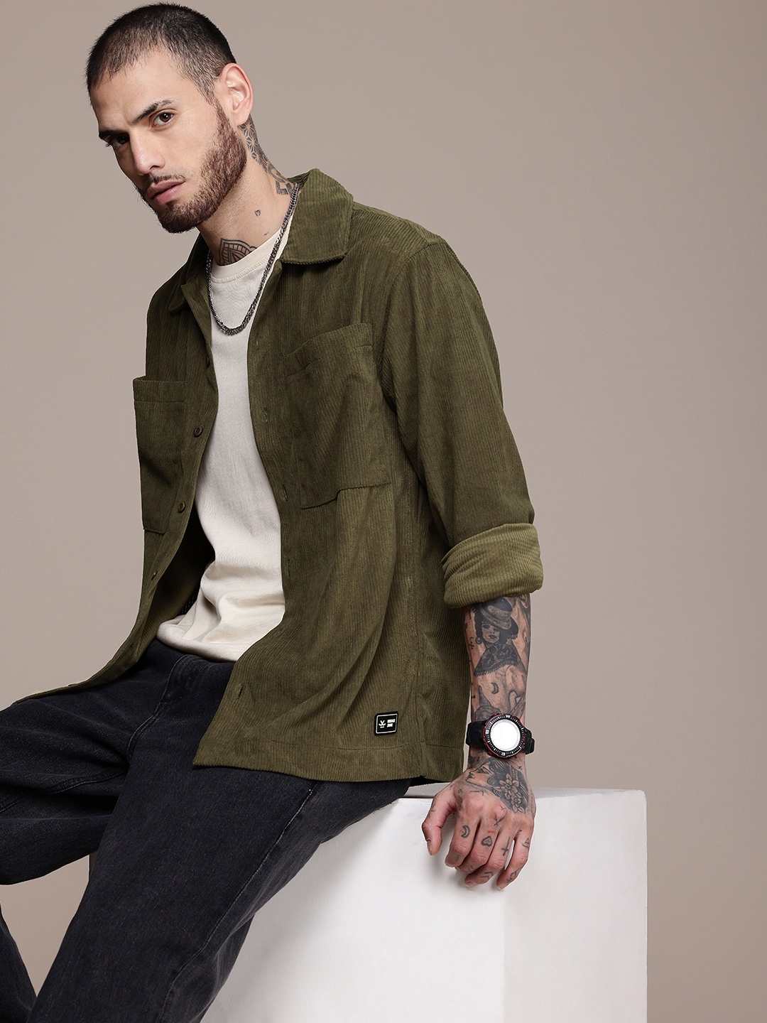 

WROGN Corduroy Opaque Casual Shirt, Olive