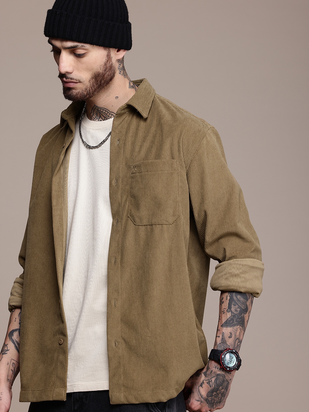 

WROGN Corduroy Opaque Casual Shirt, Olive