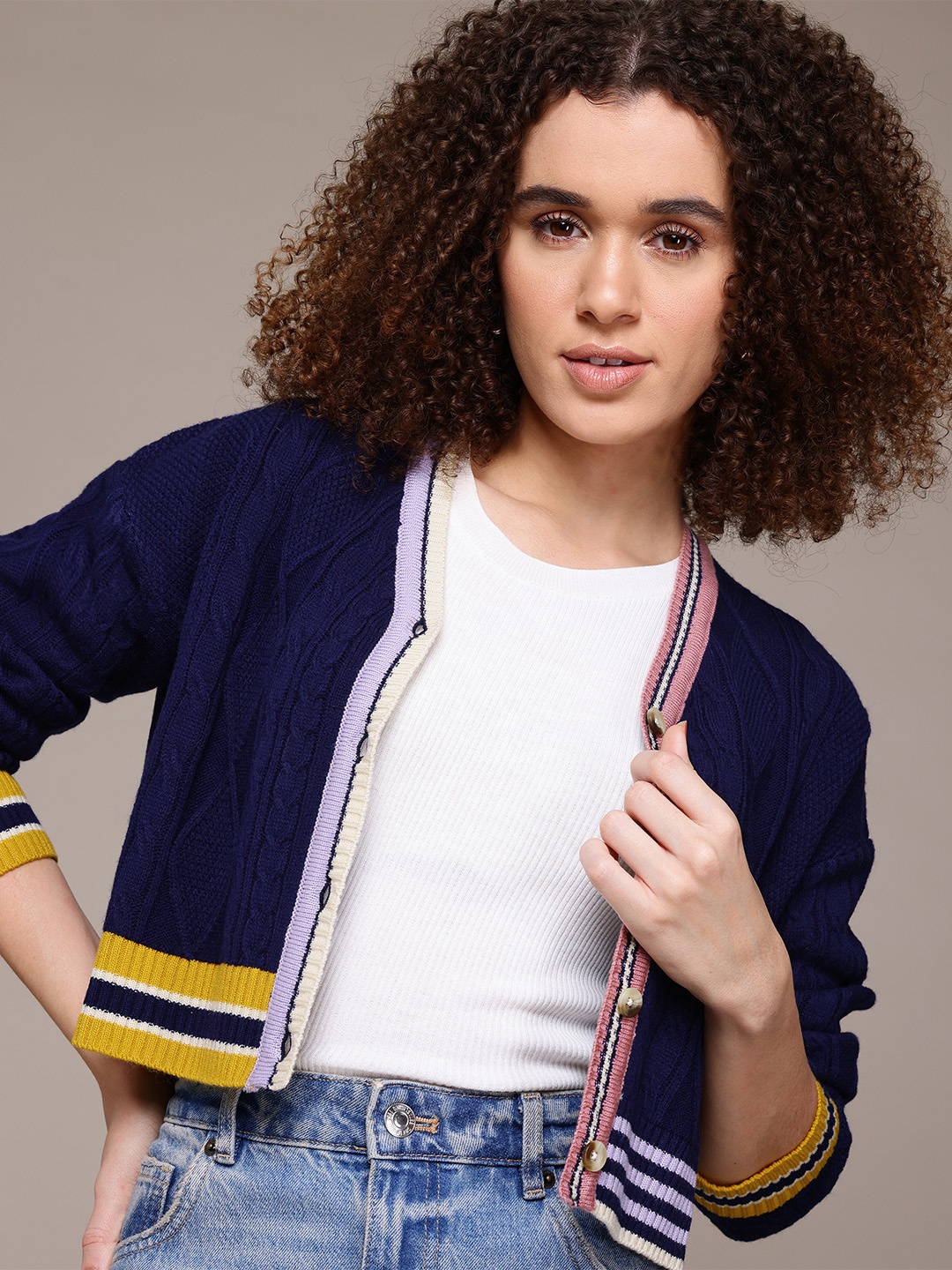 

The Roadster Lifestyle Co. Cable Knit Crop Acrylic Cardigan, Navy blue