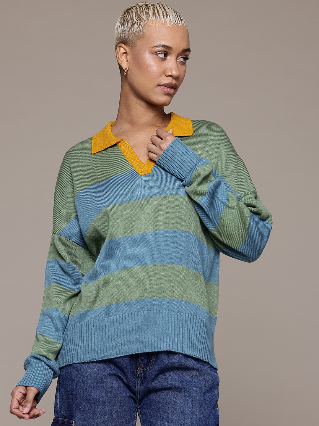 

The Roadster Lifestyle Co. Contrast Collar Striped Pullover, Green