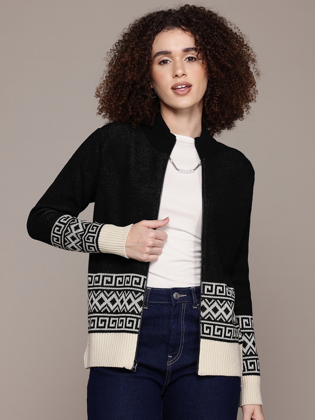 

The Roadster Lifestyle Co. Geometric Woven Designed Acrylic Cardigan, Black
