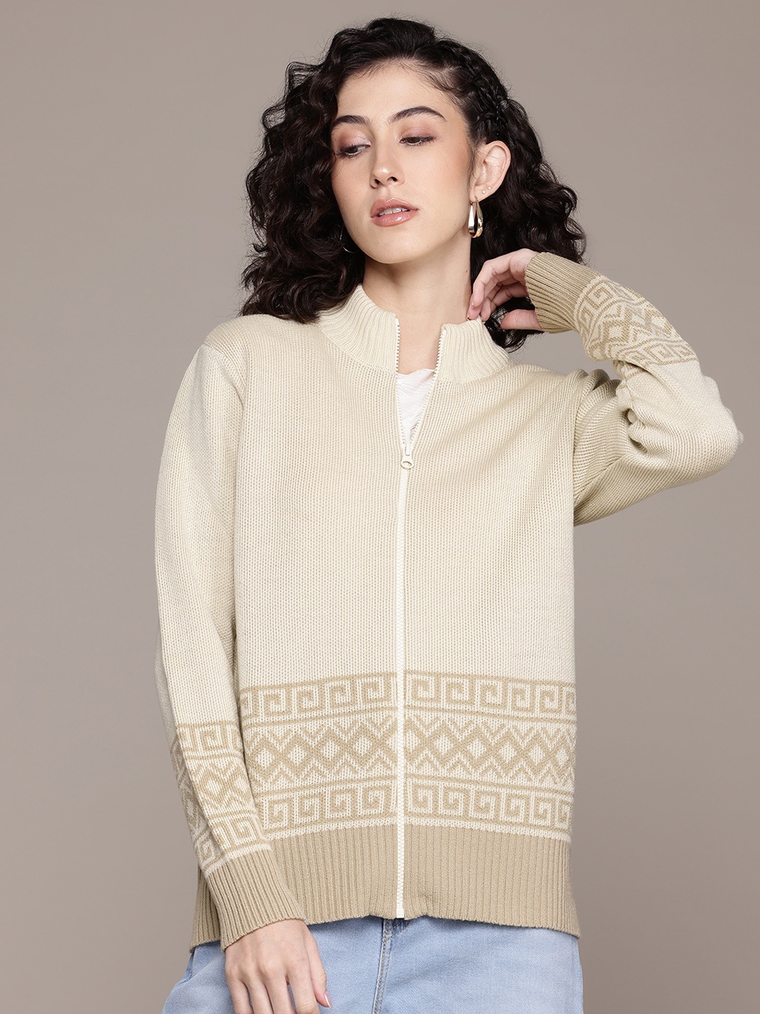 

The Roadster Lifestyle Co. Geometric Woven Designed Acrylic Cardigan, Beige