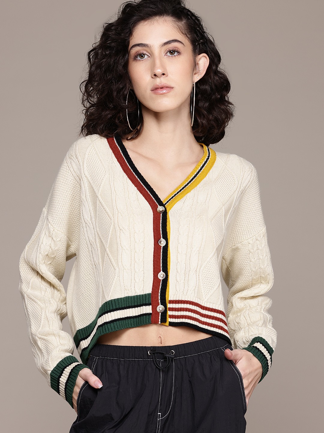 

The Roadster Lifestyle Co. Contrast Striped Pure Acrylic Cable Knit Crop Cardigan, Cream