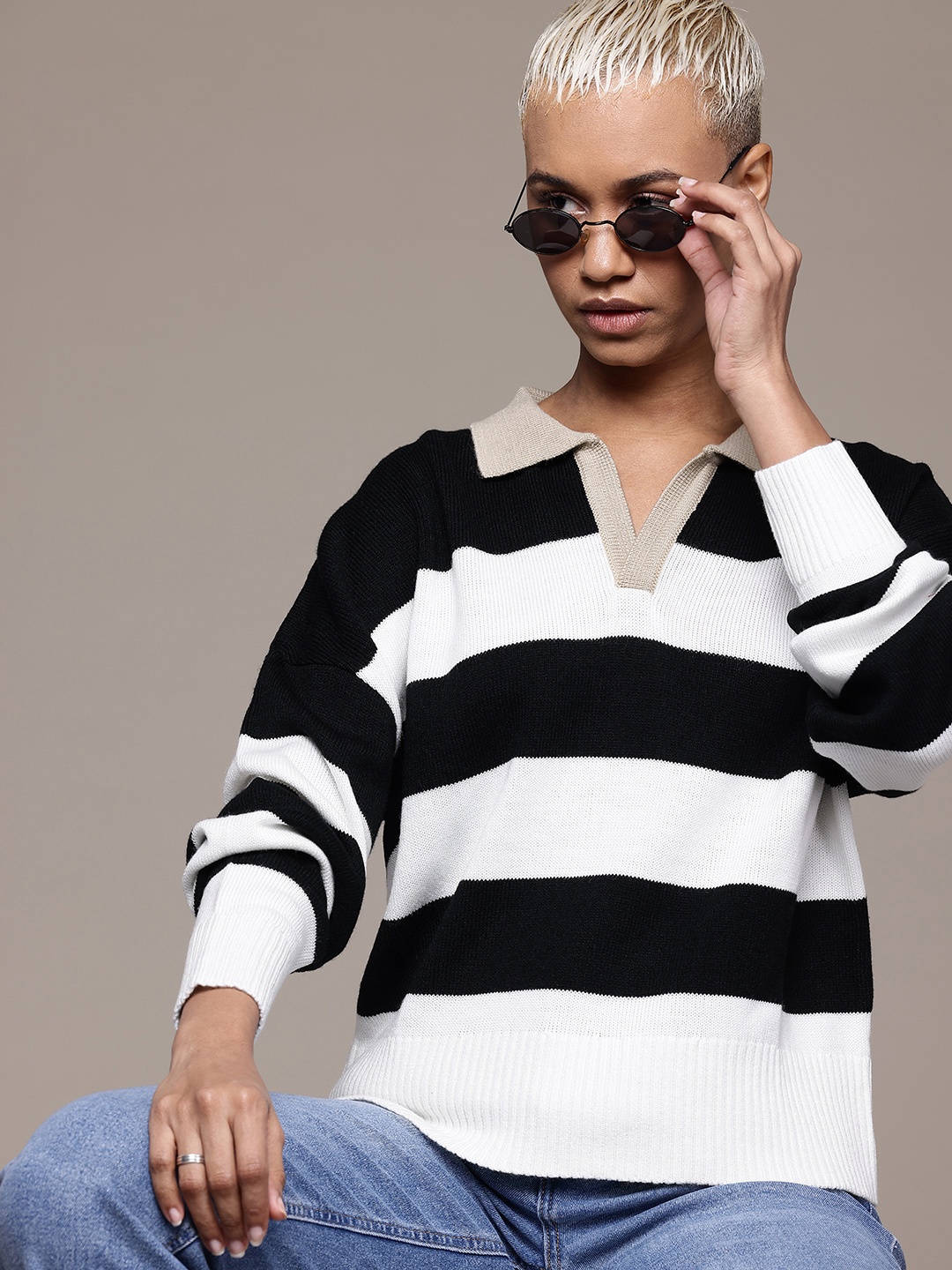 

The Roadster Lifestyle Co. Drop-Shoulder Sleeves Striped Pullover, White