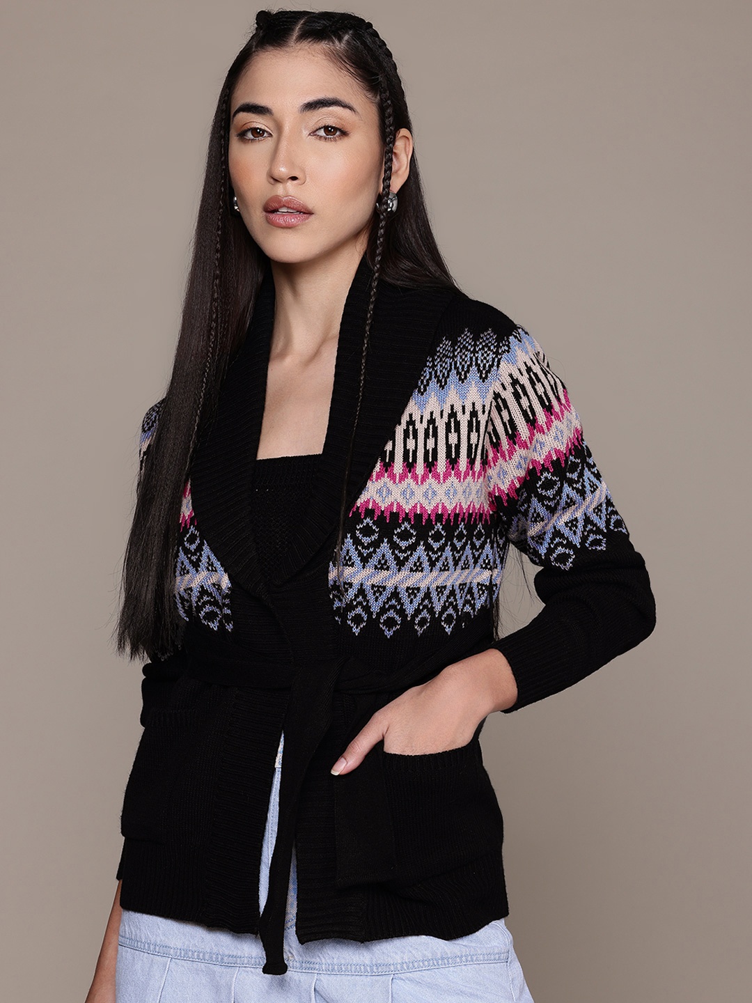 

The Roadster Lifestyle Co. Fair Isle Belted Cardigan, Black