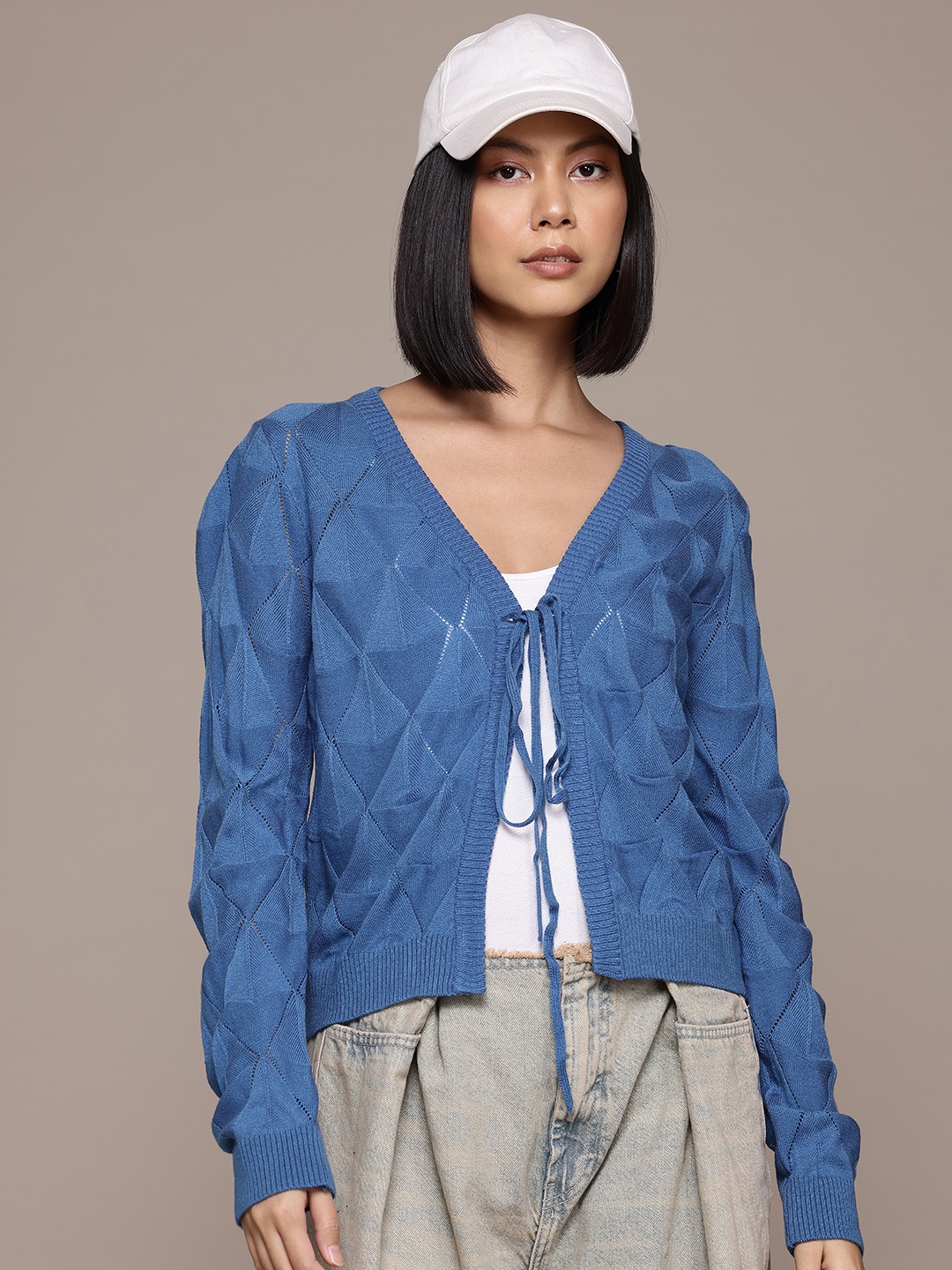 

The Roadster Lifestyle Co. Tie-Up Front Knitted Sweaters, Blue