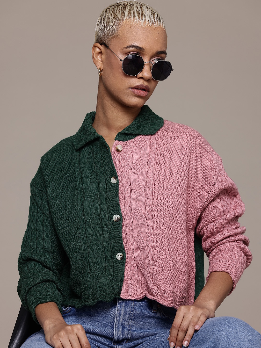 

The Roadster Lifestyle Co. Colourblocked Cable Knit Cardigan, Pink