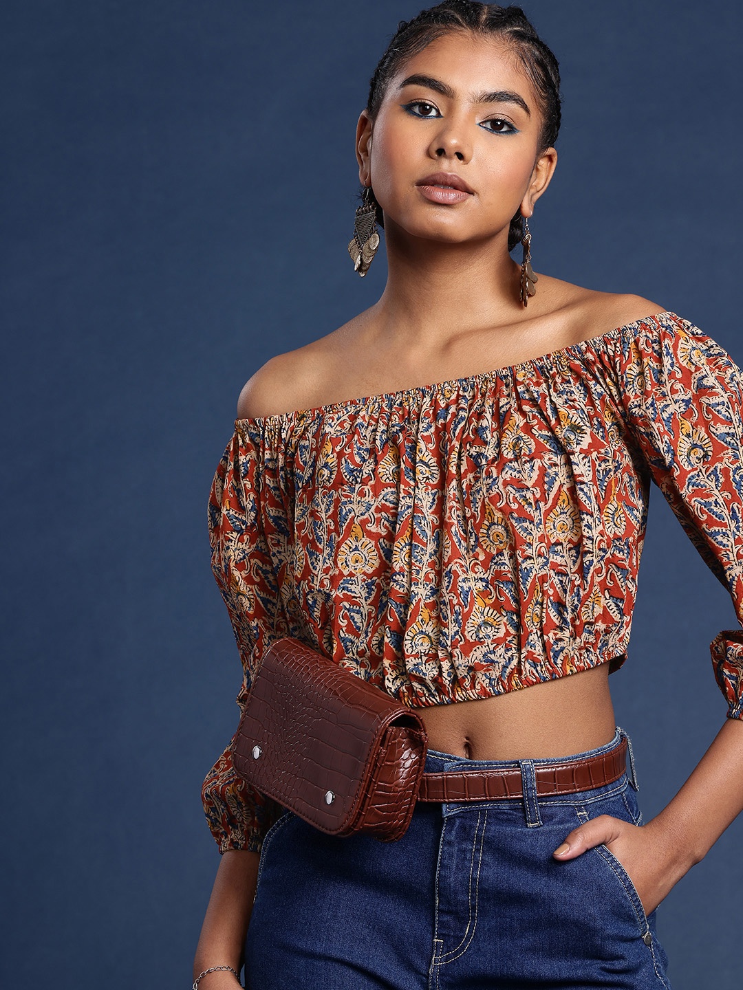 

Taavi Floral Printed Off-Shoulder Cotton Kalamkari Blouson Top, Maroon