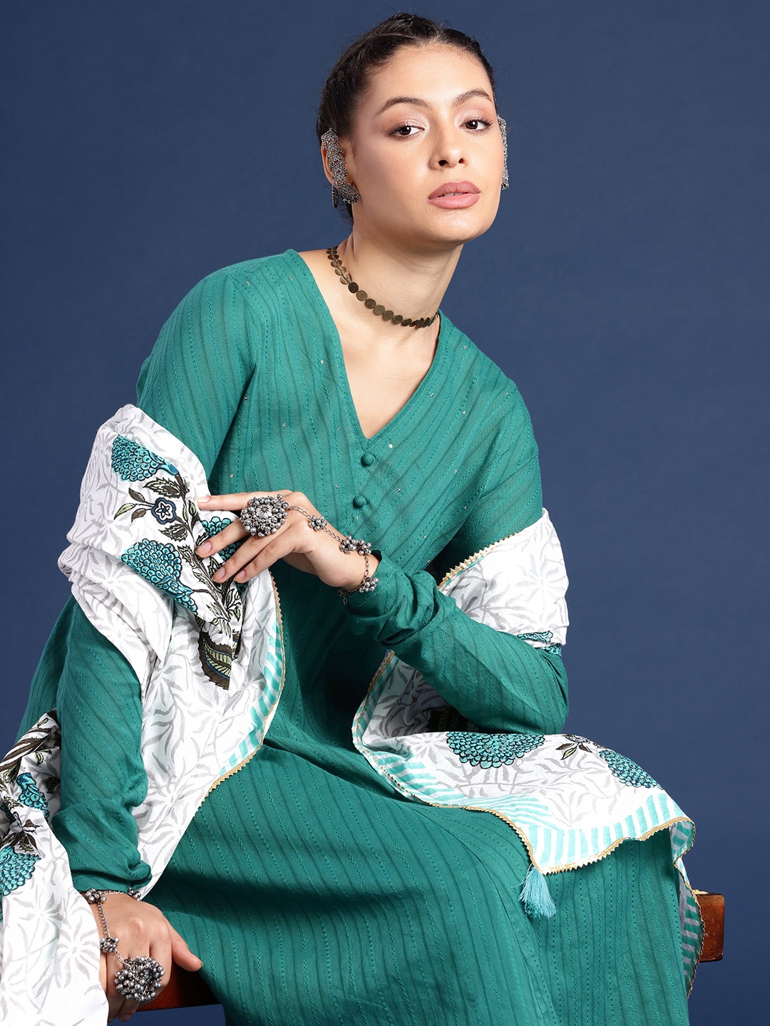 

Taavi Sanganeri Sequinned Self Striped Pure Cotton Kurta With Churidar & Printed Dupatta, Green