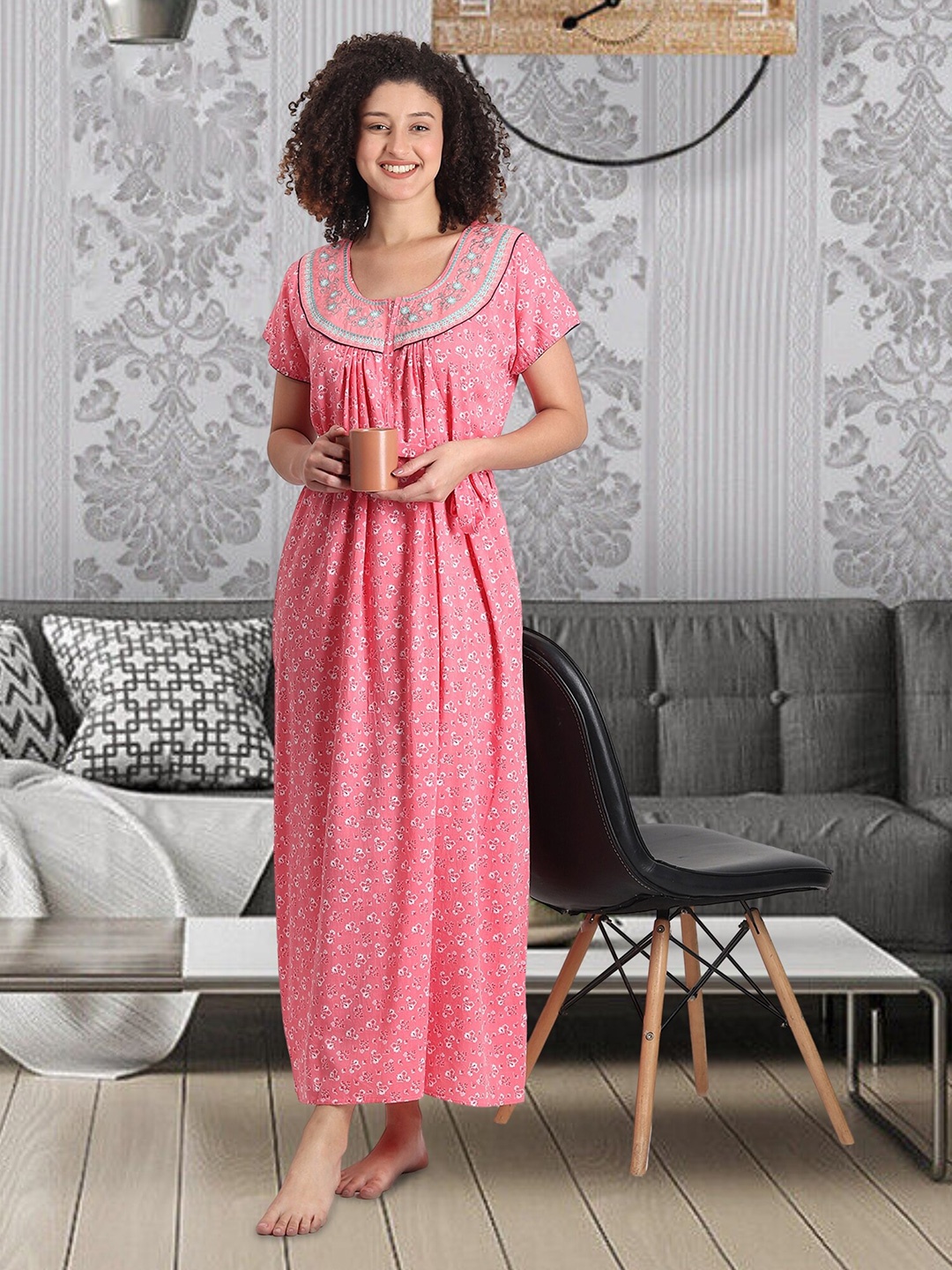 

Noty Floral Embroidered Cotton Maxi Nightdress, Pink