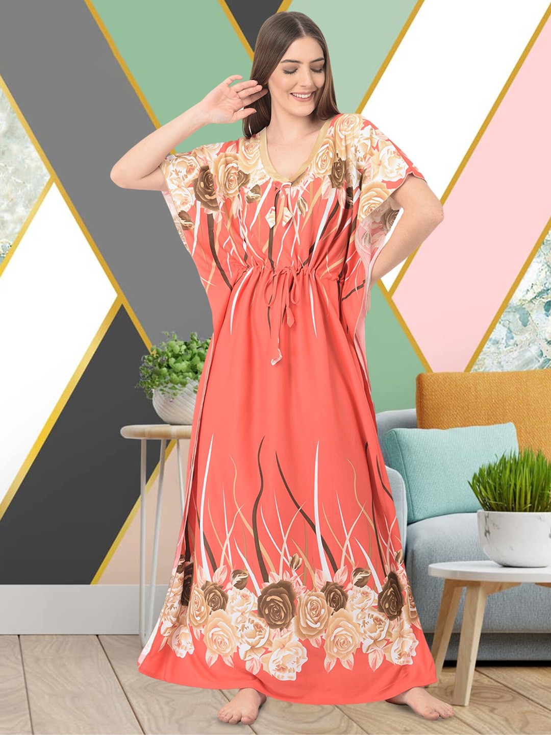 

Noty Floral Printed V-Neck Maxi Kaftan Nightdress, Orange