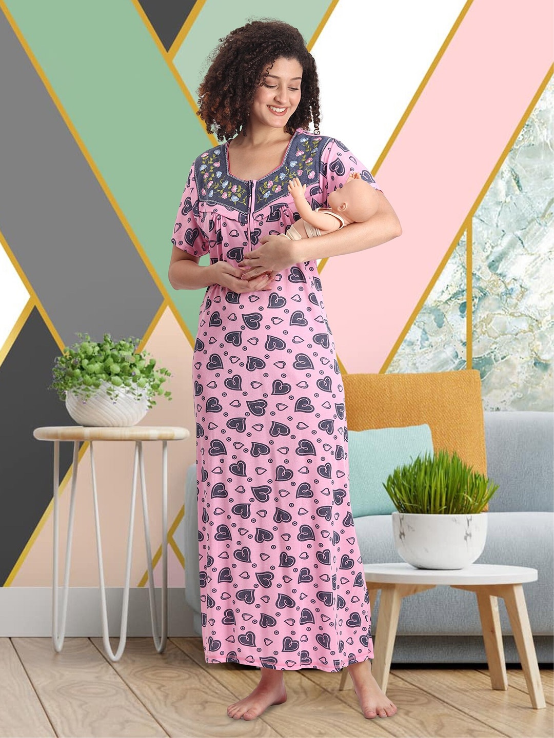 

Noty Printed Maternity Maxi Nightdress, Pink