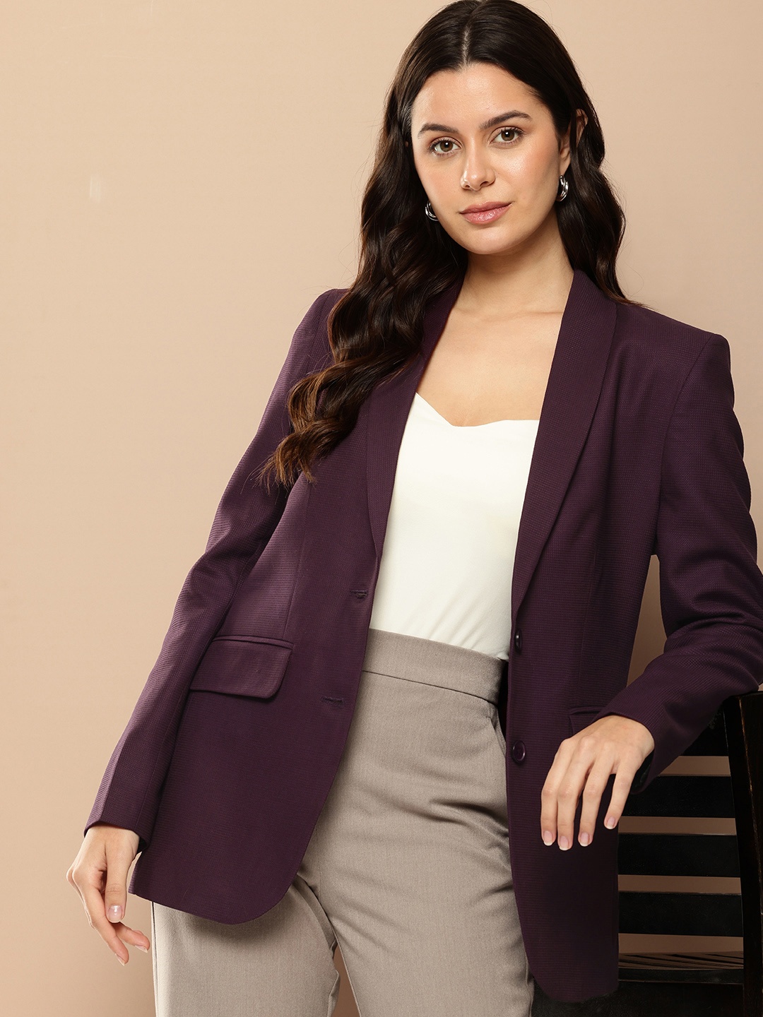 

her by invictus Textured Single-Breasted Shawl Collar Smart Casual Blazers, Burgundy