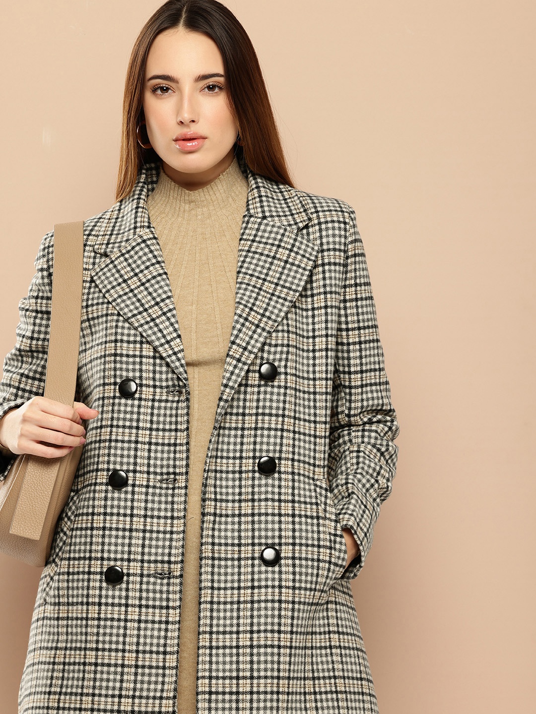 

her by invictus Checked Longline Trench Coat, Off white