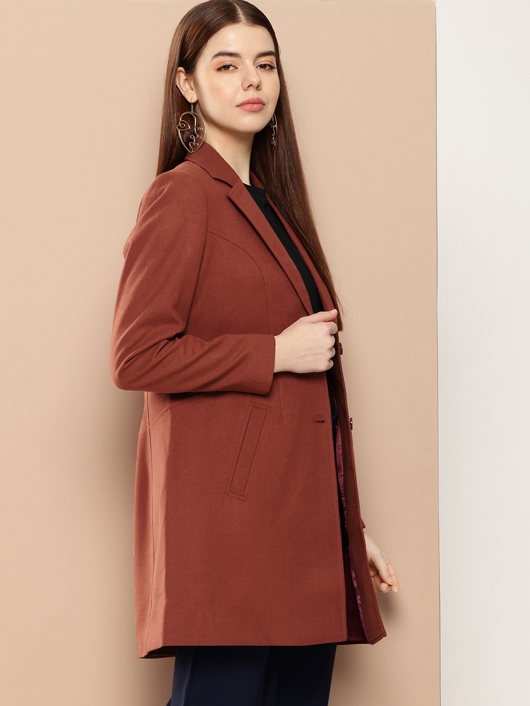 

her by invictus Notched Lapel Collar Longline Overcoat, Rust