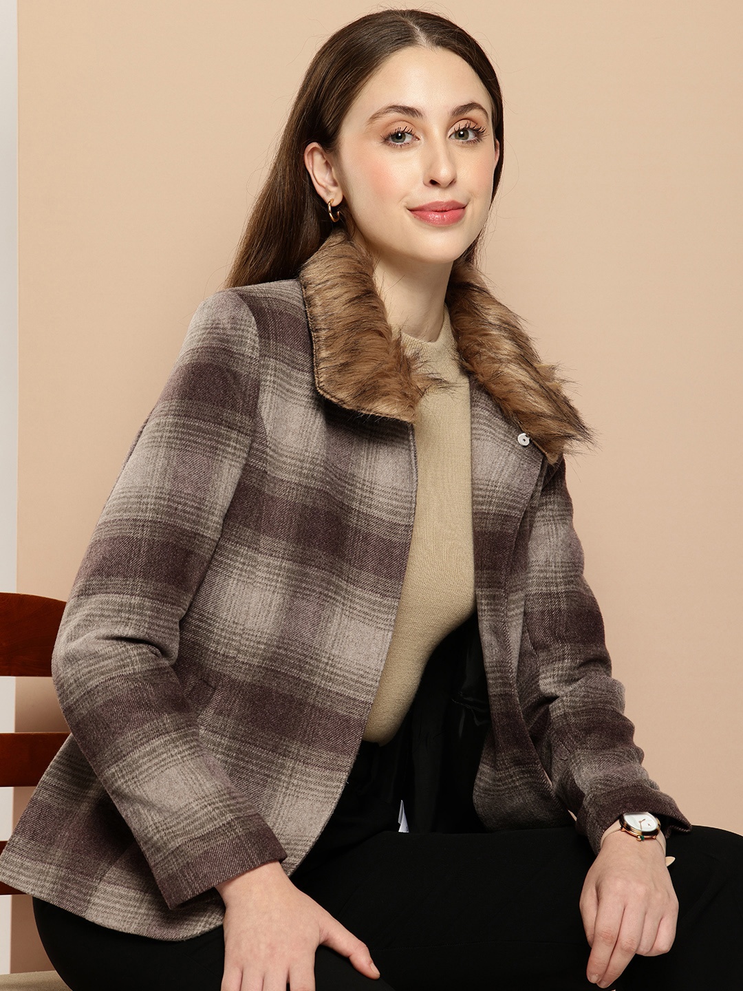 

her by invictus Faux Fur Detailed Checked Overcoat, Taupe