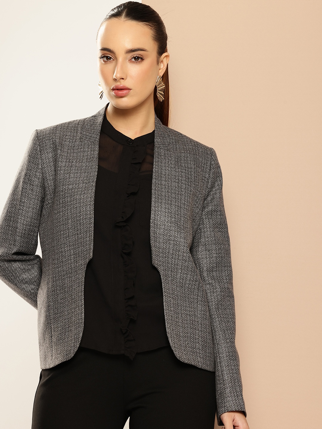 

her by invictus Self Design Front-Open Semiformal Blazers, Black