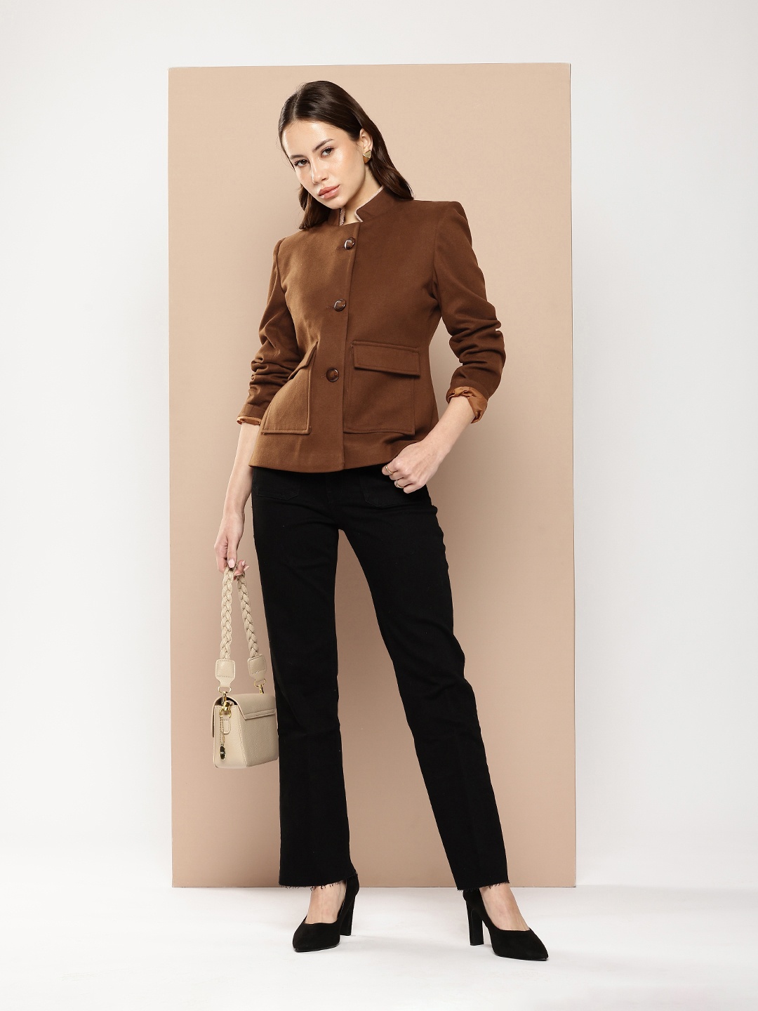 

her by invictus Mandarin Collar Crop Overcoat, Brown