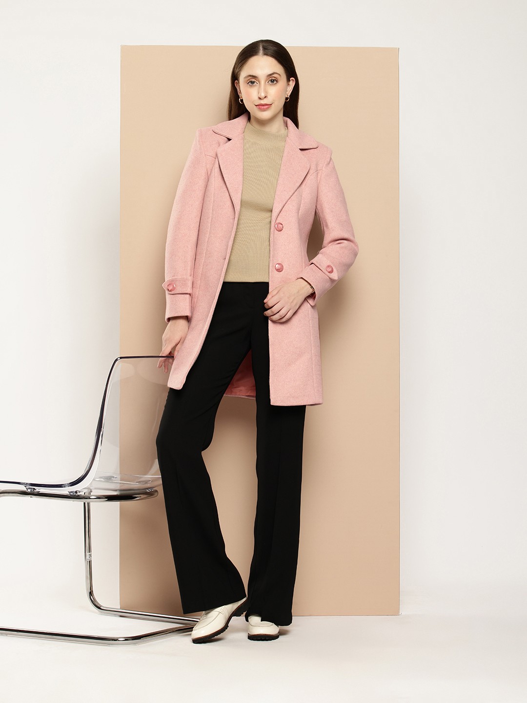 

her by invictus Notched Lapel Longline Overcoat, Rose