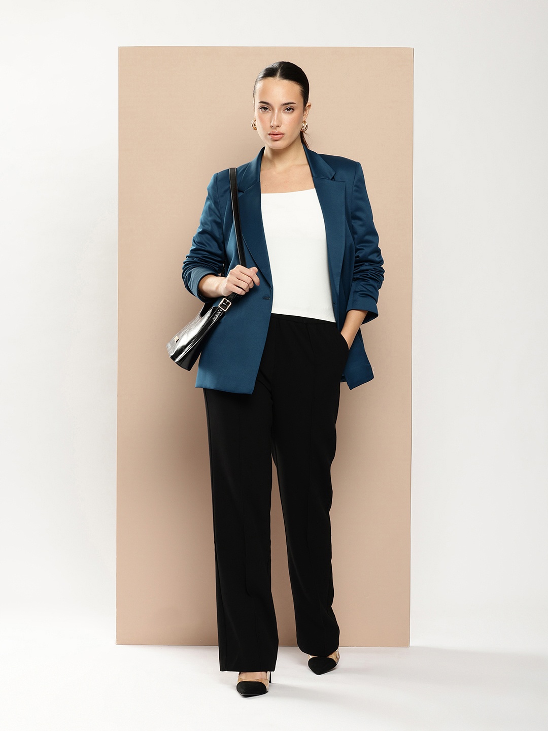 

her by invictus Textured Notched Lapel Double-Breasted Smart Casual Blazers, Teal