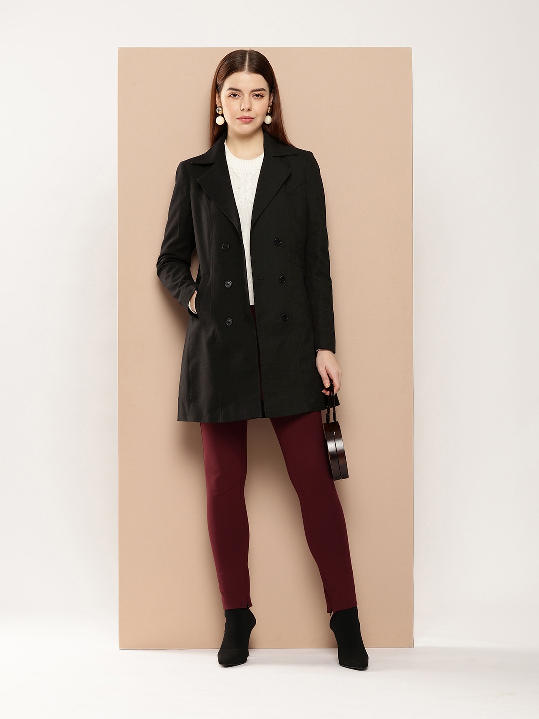 

her by invictus Notched Lapel Single-Breasted Longline Over Coats, Black