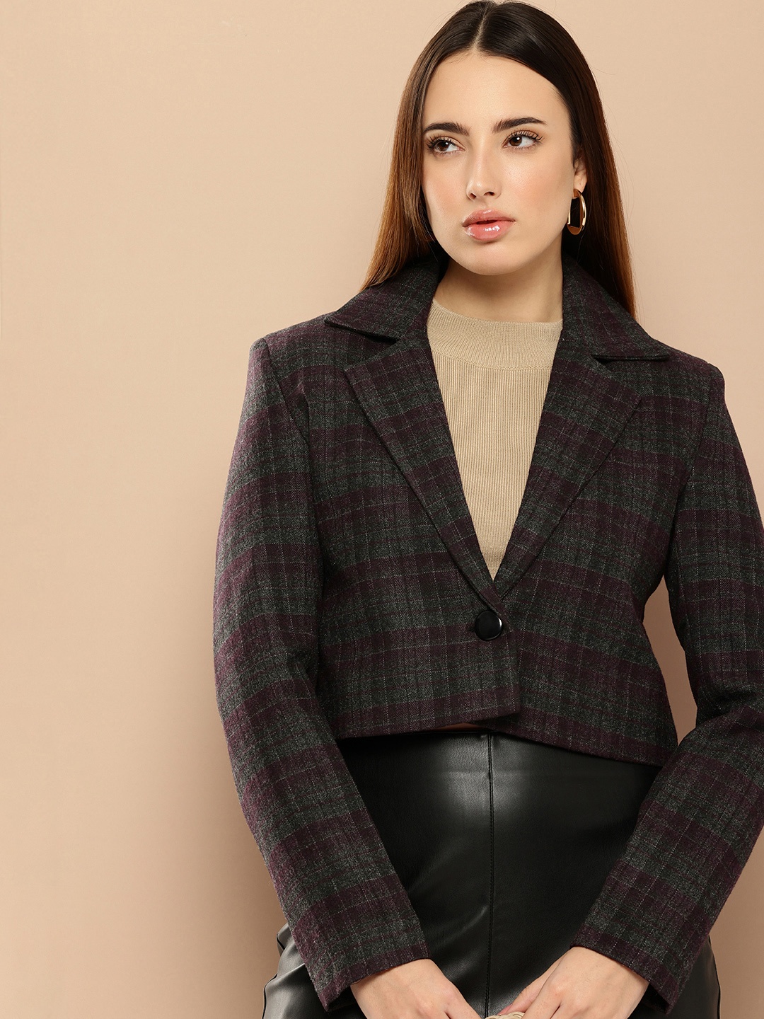 

her by invictus Checked Notched Lapel Cropped Overcoat, Brown