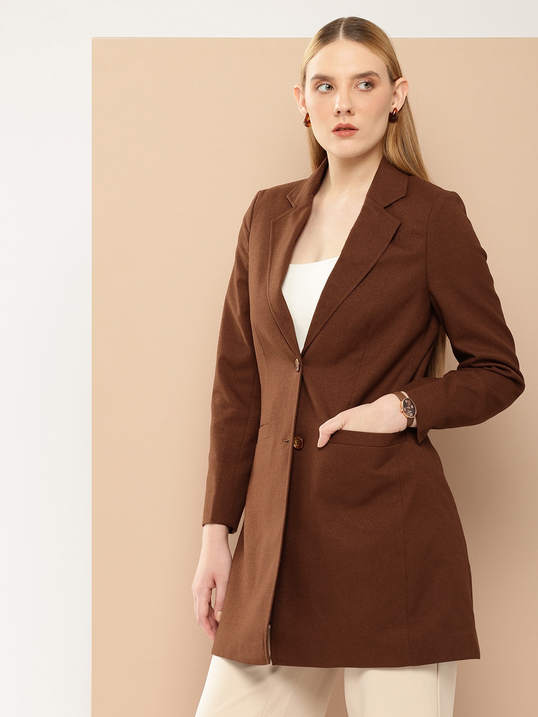 

her by invictus Notched Lapel Collar Longline Overcoat, Brown