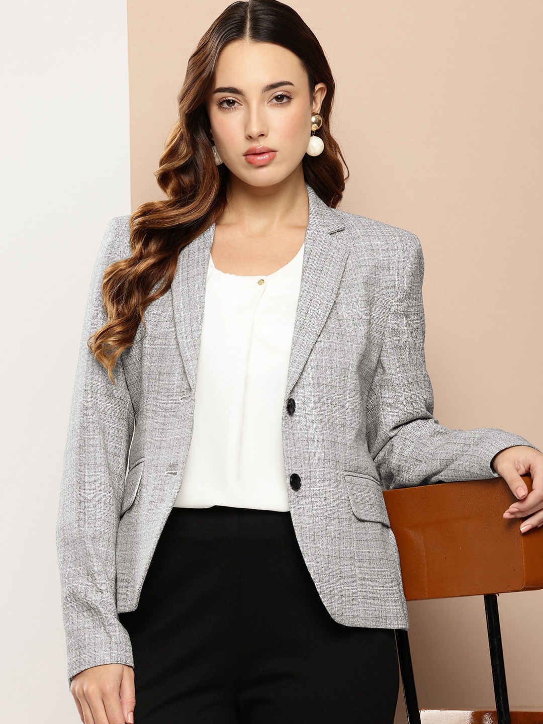 

her by invictus Notched Lapel Single Breasted Semi Formal Blazer, Grey