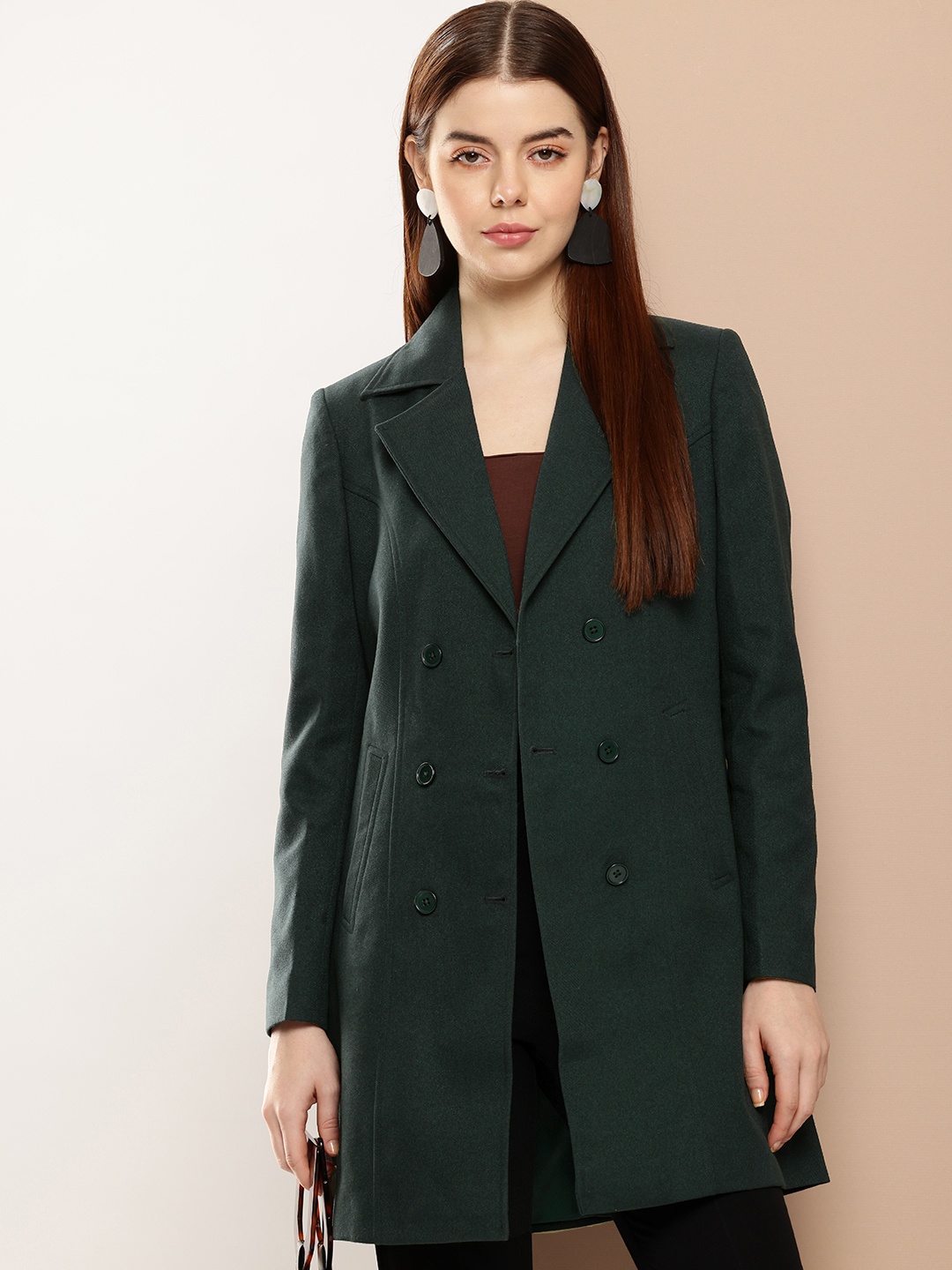 her by invictus Notched Lapel Collar Longline Overcoat, Green
