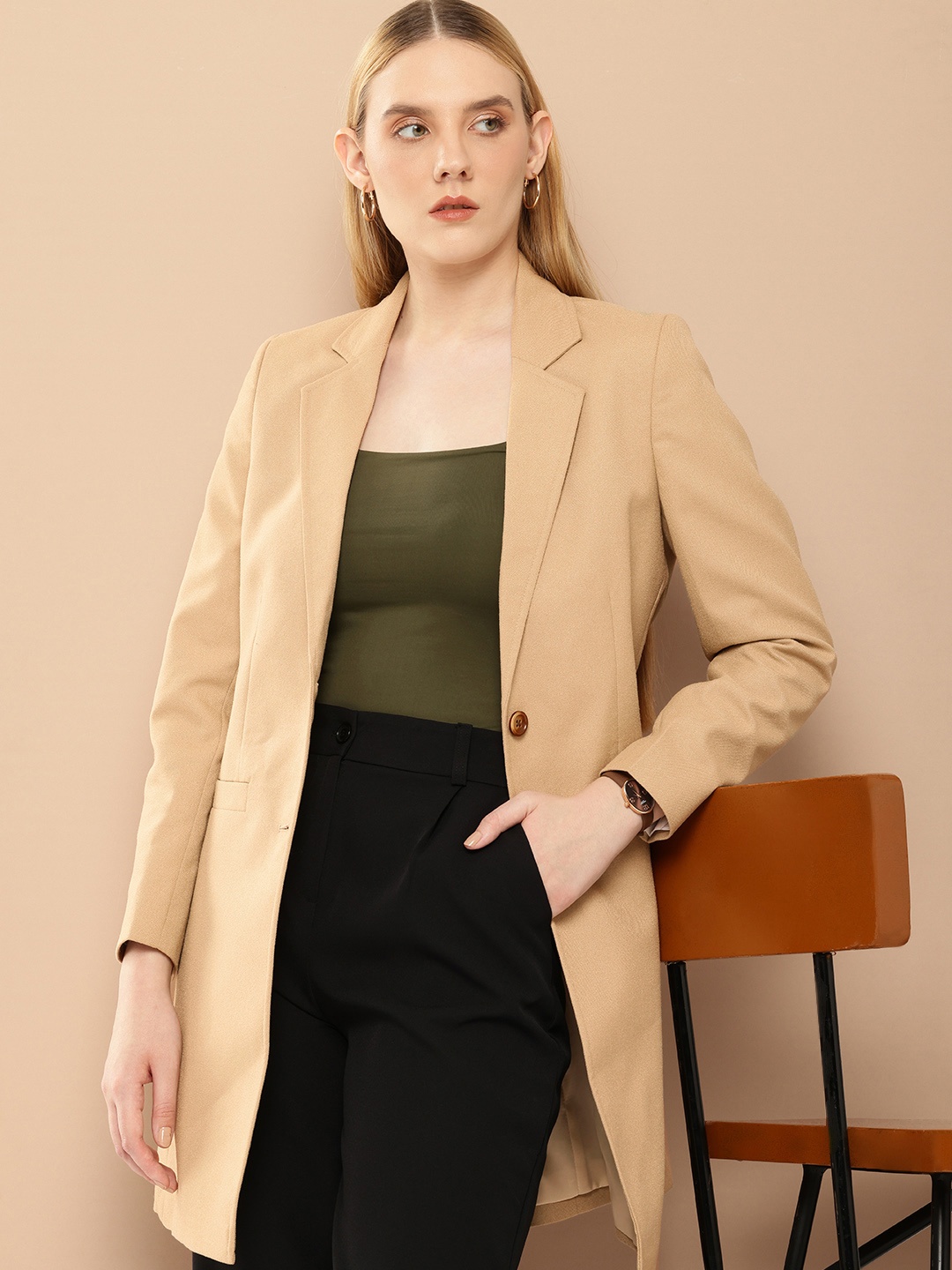 

her by invictus Notched Lapel Collar Longline Overcoat, Beige
