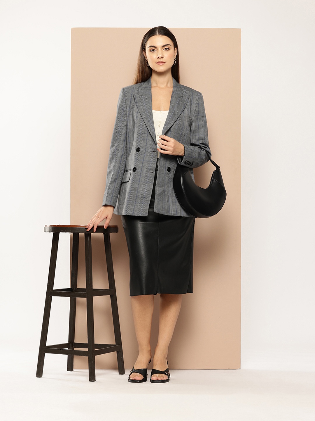 

her by invictus Checked Peaked Lapel Double Breasted Longline Blazer, Grey