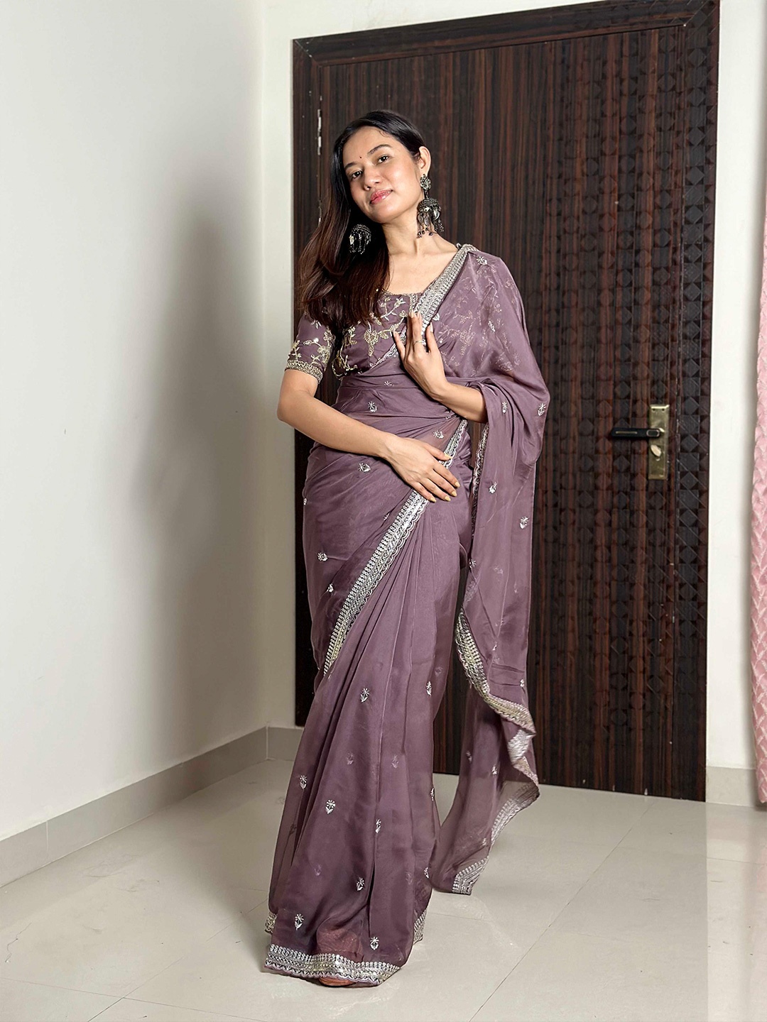 

Mitera Embellished Sequinned Organza Saree, Purple