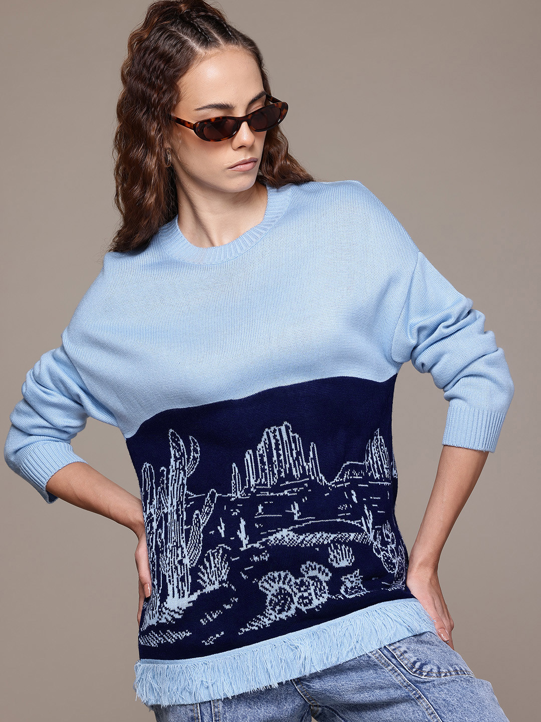 

The Roadster Lifestyle Co. Women Acrylic Fringed Pullover, Blue