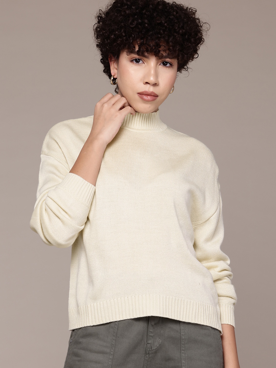 

Roadster Acrylic High Neck Pullover, Cream