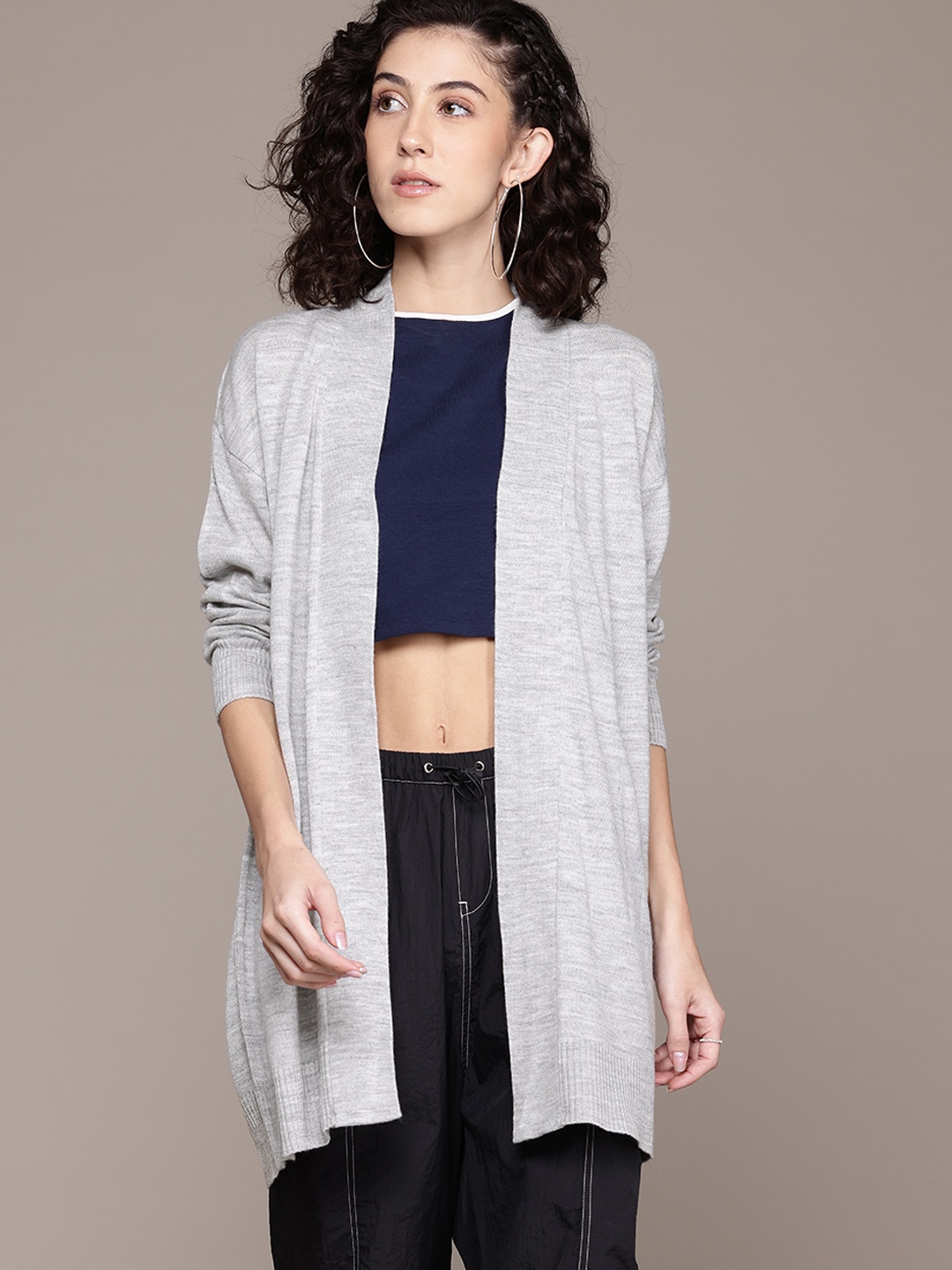 

The Roadster Lifestyle Co. Pure Acrylic Longline Open Front Sweater, Grey melange