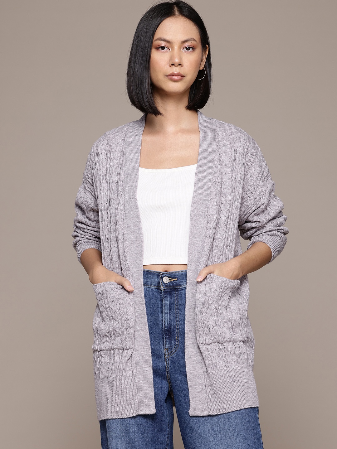 

The Roadster Lifestyle Co. Pure Acrylic Cable Knit Longline Open Front Sweater, Grey melange