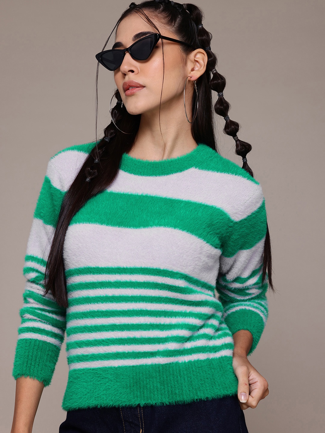 

The Roadster Lifestyle Co. Striped Pullover with Fuzzy Detail, Green