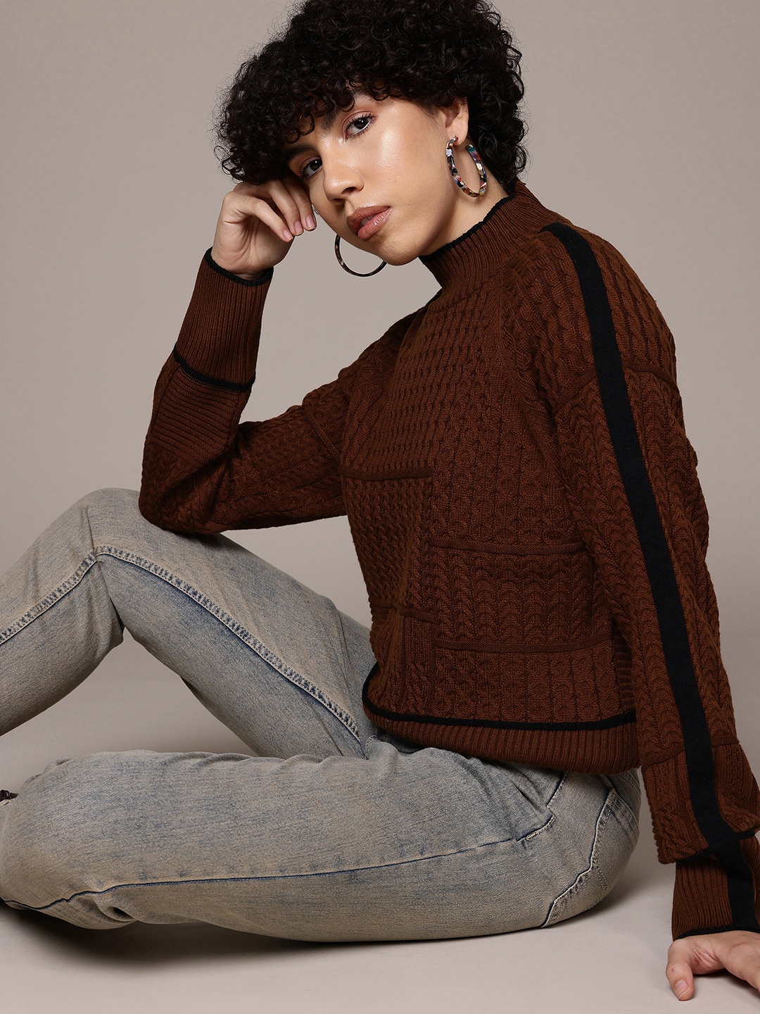 

The Roadster Lifestyle Co. High Neck Cable Knitted Acrylic Pullover, Brown