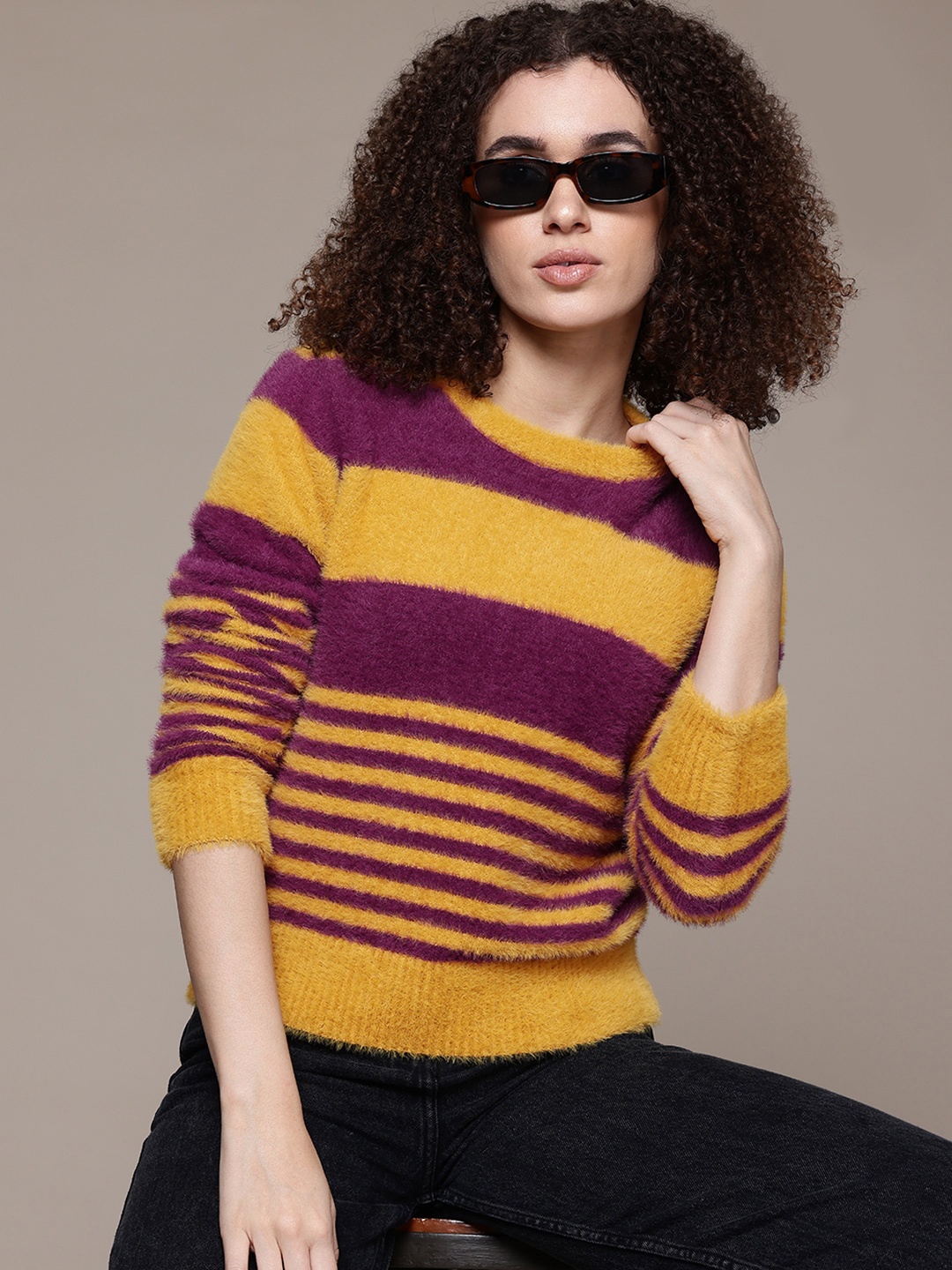 

The Roadster Lifestyle Co. Striped Sweater with Fuzzy-Detail, Yellow