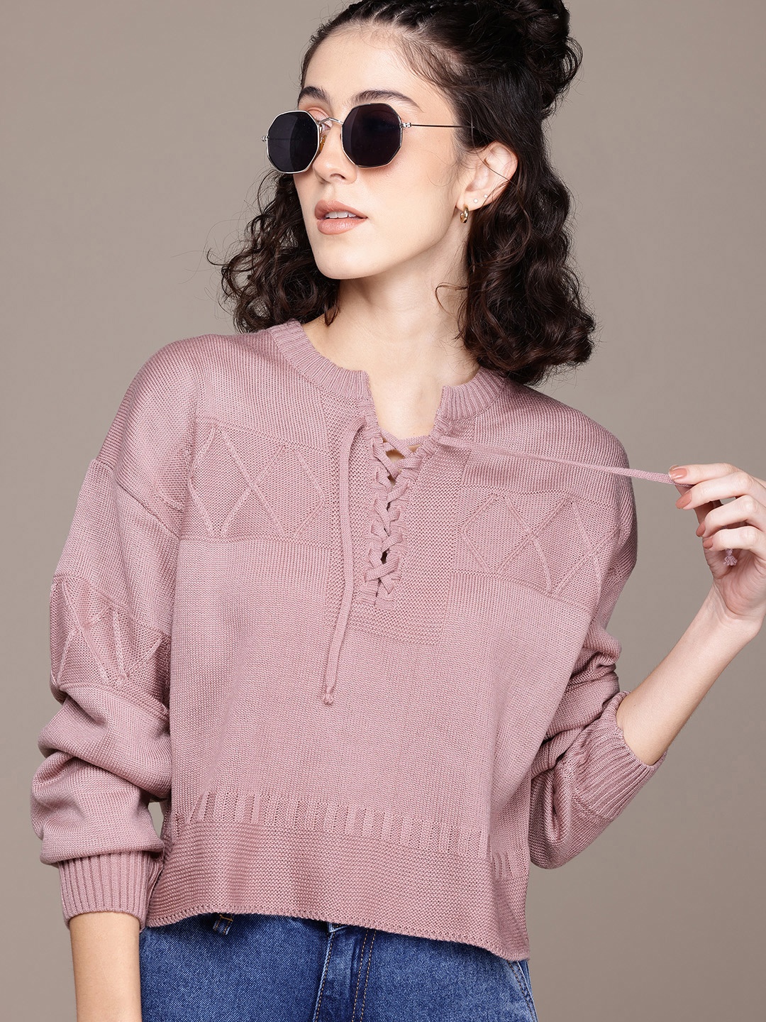 

The Roadster Lifestyle Co. Women Self Design Acrylic Pullover, Mauve