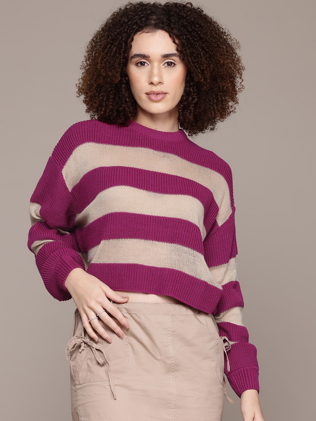 

The Roadster Lifestyle Co. Pure Acrylic Striped Boxy Pullover, Magenta