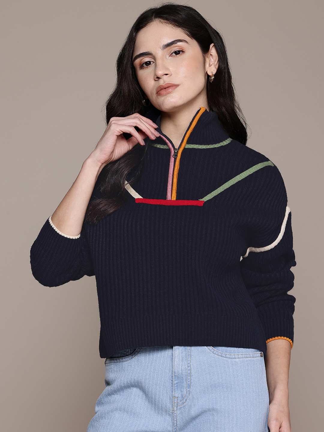 

Roadster The Lifestyle Co. Ribbed Mock Collar Pullover, Navy blue