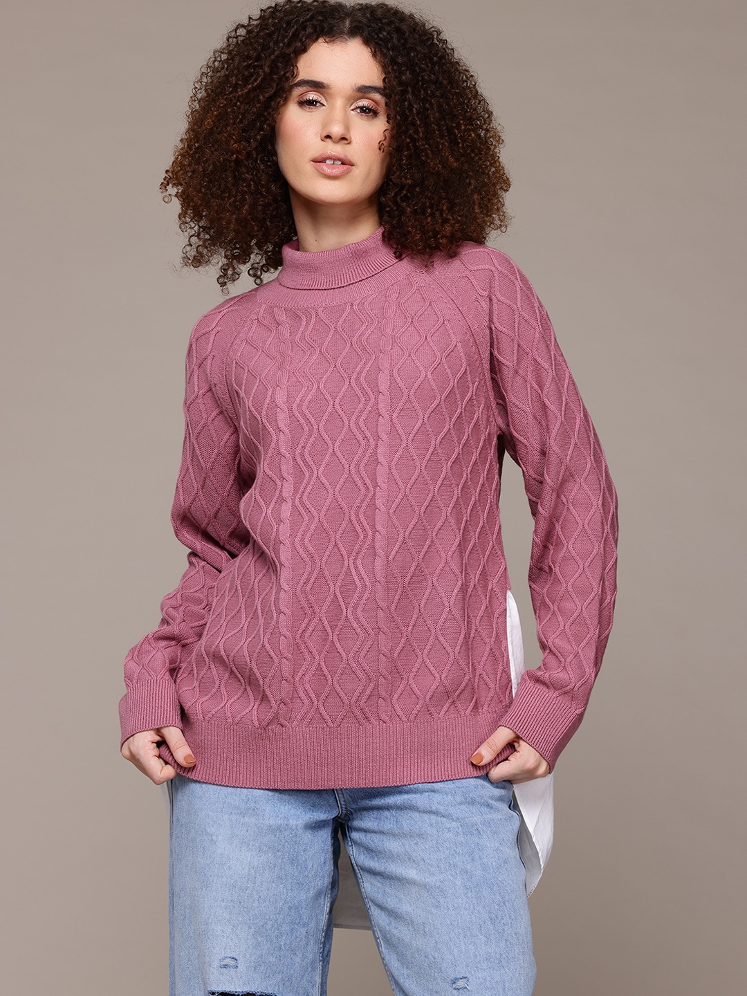 

The Roadster Lifestyle Co. Turtle Neck Longline Acrylic Pullover, Pink
