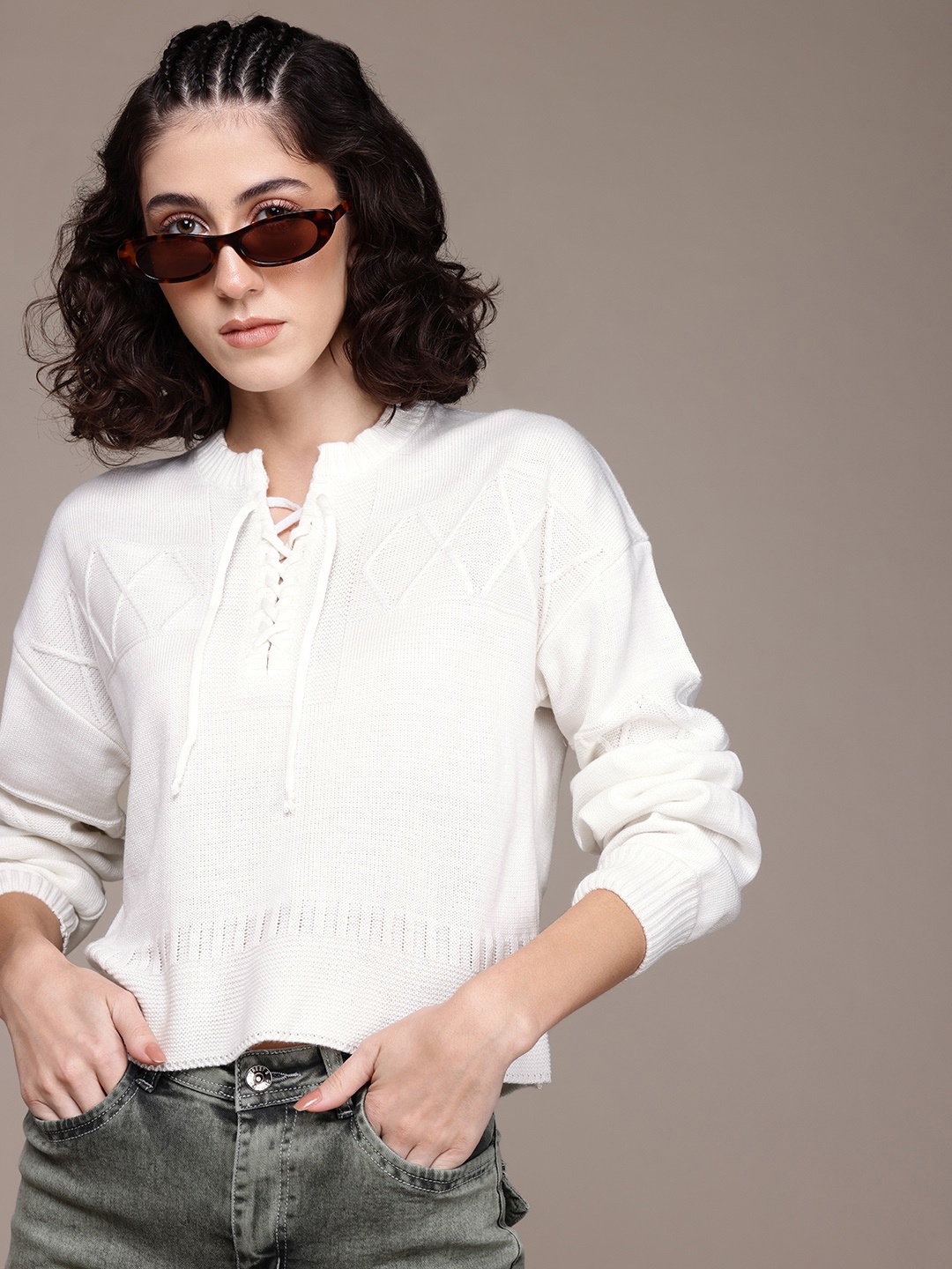 

The Roadster Lifestyle Co. Women Self Design Acrylic Pullover, White
