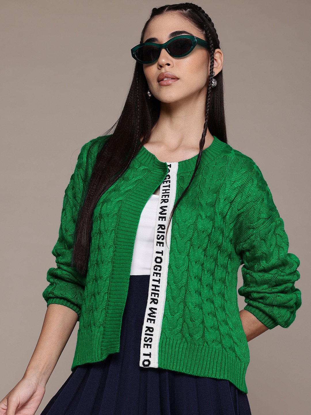 

The Roadster Lifestyle Co. Cable Knit Front-Open Cardigan, Green