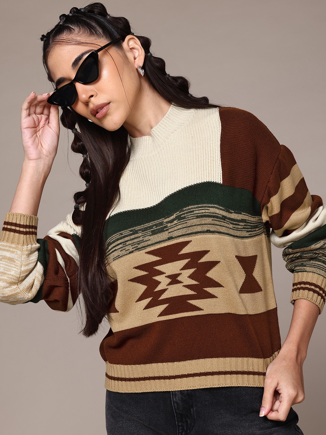 

Roadster The Lifestyle Co. Acrylic Geometric Self Design Pullover, Beige