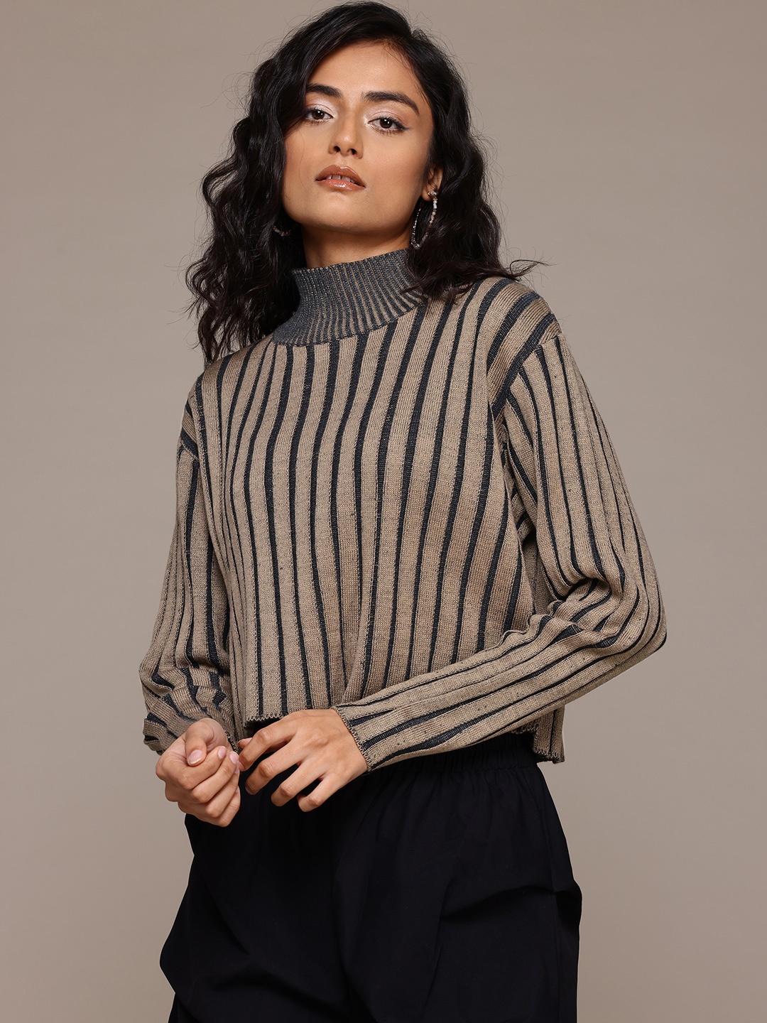 

Roadster The Lifestyle Co Women Striped Crop Pullover, Beige